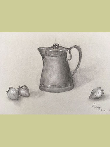 Charcoal drawing of coffee pot with nuts