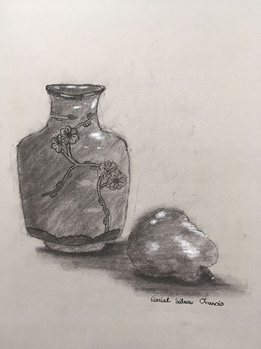 Pencil drawing of decorative glass bottle with lemon