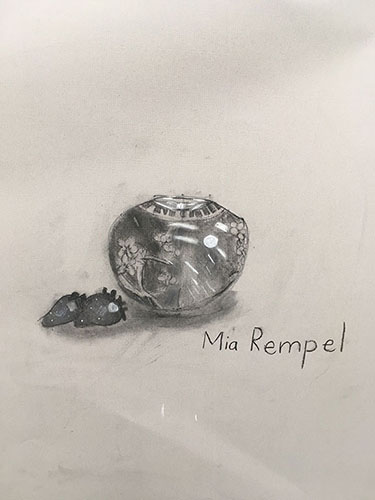 Detailed pencil drawing of decorative glass bowl with grapes by Mia Rempel