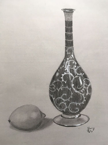 Charcoal drawing of decorative glass vase with lemon