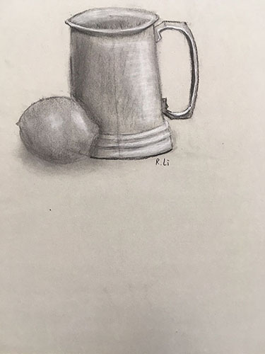 Pencil drawing of metal mug with egg