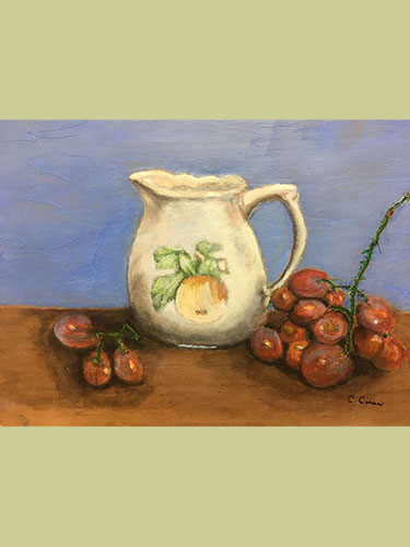 Student still life painting with cream pitcher and grapes
