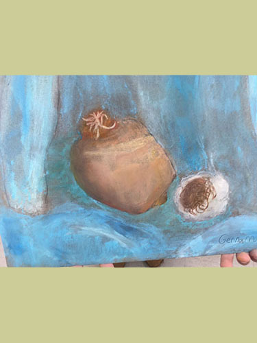 Pastel painting of brown pottery jug with coconut on blue background