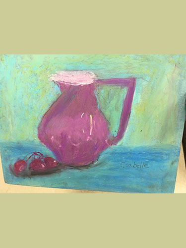 Pastel painting of purple pitcher with cherries