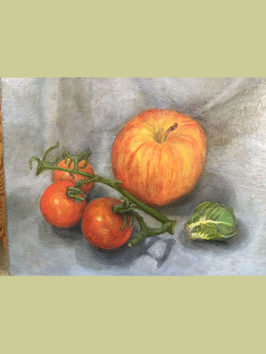 Still life drawing with tomatoes, orange, and vegetables