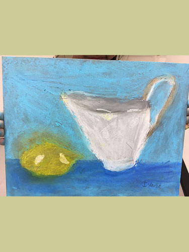 Painting of white pitcher with green lime on blue background
