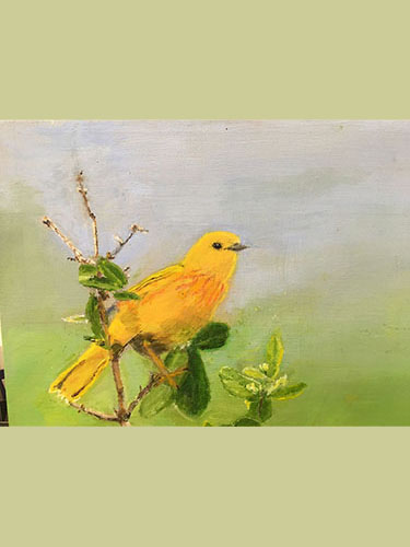 Oil painting of yellow bird on branch